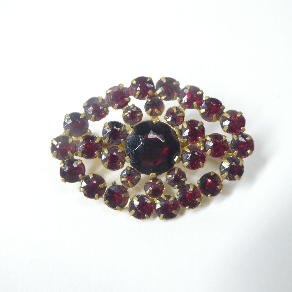 Red Brooch Czechoslovakia Signed Czech Glass Vintage Pin Oval Bohemian